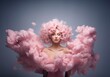 Beautiful female model with pink hairstyle surrounded by cloudy pastel paint. Fantasy, futuristic Y2K background. Ai generated image