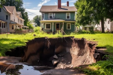 Wall Mural - sinkhole forming near a damaged, empty house foundation