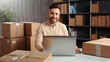 © chiew - Start up of enterprise small business owner at the workplace. small business entrepreneur SME or freelance working with a box at home. to deliver to customers. Online selling, e-commerce.