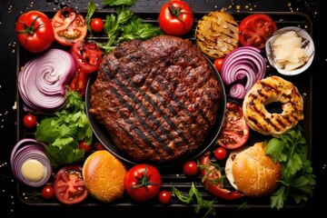 Sticker - top view of delicious burger ingredients on grill