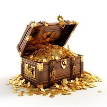 Treasure Chest With Coins The Wooden Box Full With Golen Coins On White Background.