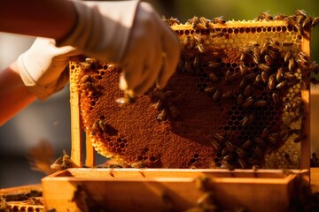 Poster - frame of honeycomb being lifted from beehive