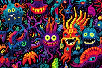  Psychedelic pattern with alien creatures. Beautiful illustration picture. Generative AI