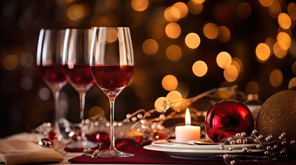 Festive table setting with red wine glasses and Christmas ornaments