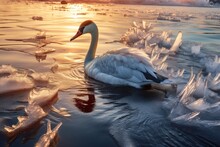 Close-up Of Melting Ice Swan Under Sun Rays