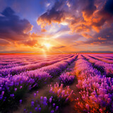 Fototapeta Kwiaty -  Stunning Sunset over Lavender Fields with Dramatic Sky and Glowing Sun Rays