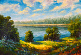Fototapeta Kosmos - Rural sunny landscape with river, trees and forest in the background. Hand painting on canvas summer clouds on the blue sky Acrylic painting illustration.