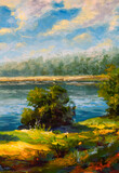 Fototapeta Kosmos - Hand painting on canvas sunny river bank with bushes and road. Acrylic painting forest behind the river background illustration.