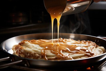 Sticker - pancake batter being poured onto a hot griddle