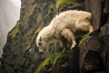 Side View Of Mountain Goat Climbing Steep Incline