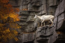 Mountain Goat Navigating A Narrow Cliff Ledge