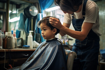 Poster - A child getting a haircut in a salon.  