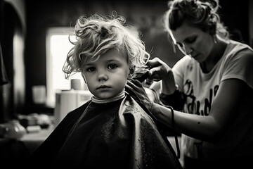 Sticker - A child getting a haircut in a salon.  