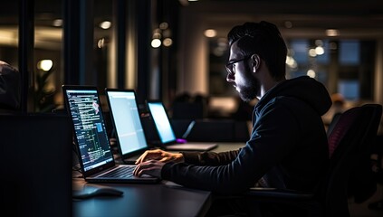 Wall Mural - Programmer working on a computer late at night in a dark office