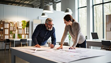 Architect and engineer working on blueprint at office desk. Architect and engineer concept.