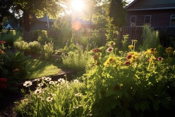 Wall Mural - sunlight streaming onto a thriving garden