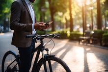 Business Man Holding Smartphone Using Bike Rental Digital Phone App Scanning Qr Code To Rent Electric Bicycle In City