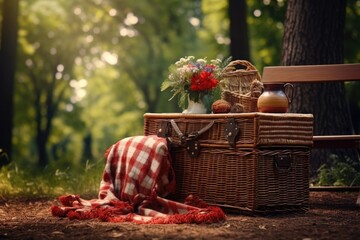 Wall Mural - picnic basket on a wooden table in the park