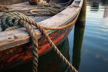 Close-up Of Wooden Rowboat Tied With Rope To Dock Post