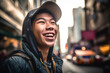 © Mihai Zaharia - A teenage Asian boy brimming with excitement, his face radiating pure delight as he explores the vibrant cityscape. Generative AI