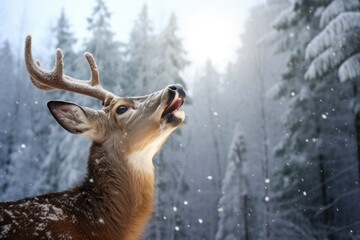 Wall Mural - a deer, nose wrinkled mid-sneeze, against a backdrop of a snowy forest