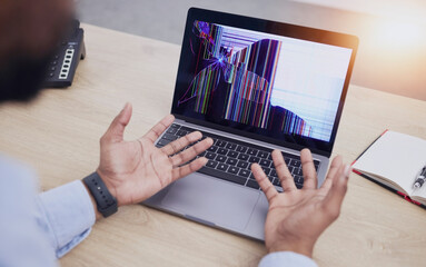 Screen crack, laptop and business man hands with system crash and broken monitor in a office. Frustrated, 404 and desktop error from pc failure and computer damage at a workplace with tech break