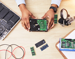 Motherboard, microchip and hands from above with electric maintenance of circuit board. Developer, IT and dashboard for electrical hardware update and technician tools for information technology