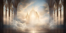 A Door In A Fantasy Castle With A Cloud Background, Doors To Heaven, Mystical Gate In The Clouds, Generative Ai
