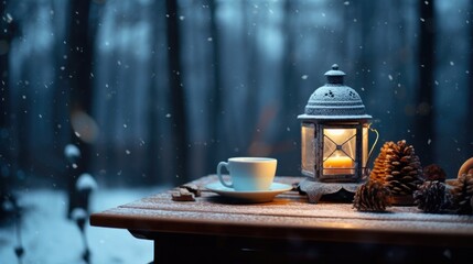 Wall Mural - A candle and a cup on a table in the snow