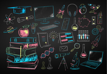 Wall Mural - vector color chalk drawn illustration set of education and science items on chalkboard background.