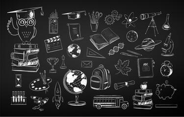 Wall Mural - vector chalk drawn illustration set of education and science items on chalkboard background.