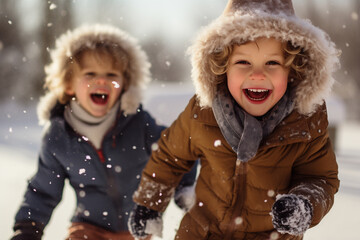 Sticker - Children have fun playing winter games.  