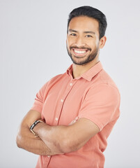 Wall Mural - Happy, crossed arms and portrait of Asian man in studio smile for career, work and job opportunity. Confidence, professional male and isolated business person in casual style on white background