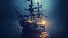 Mystical Ship Sails At Foggy Night Sea By AI