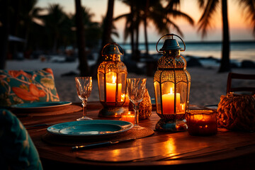 Poster - sunset with a beautiful table with a candle, flowers and a lantern