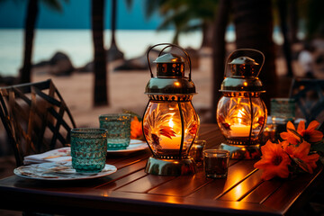 Poster - sunset with a beautiful table with a candle, flowers and a lantern