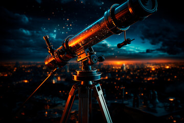 Wall Mural - old antique telescope in a dark sky, moon and stars.