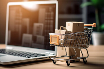 Wall Mural - Tiny shopping cart, parcels and laptop computer, delivery service, e-commerce, online shopping and marketplace concept.