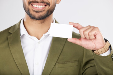Wall Mural - Happy man, hand and business card in advertising, marketing or branding against a white studio background. Closeup of businessman with paper or poster for contact information or services on mockup