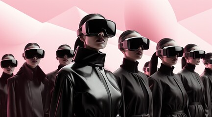 Wall Mural - A group of people dressed in futuristic virtual reality eyewear stand together outdoors, prepared to explore a new reality beyond the boundaries of their everyday lives