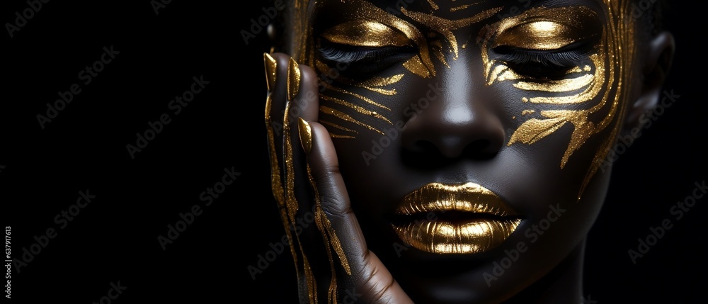 Portrait of african american woman with gold painting on black ...