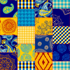 Fototapete - Textile patchwork pattern with blue and yellow colors. Vector image