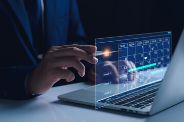 Work planning and business project management concept, virtual calendar screen and updating tasks and milestones progress planning to improve time management plan appointments, meetings efficiently