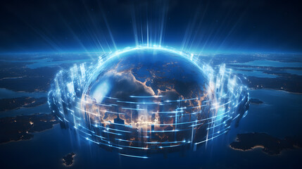 A blue earth background with futuristic technology, global connect everywhere concept, metaverse technology network digital communication and worldwide network, 3d illustration