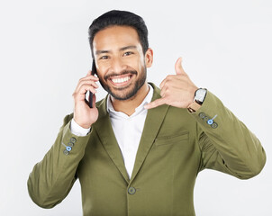Aufkleber - Phone call, hand gesture and portrait of business man in studio for conversation, chat and communication. Networking, shaka sign and professional person on smartphone for deal on white background