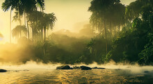 Beautiful Amazon River With Mist In A Beautiful Sunrise