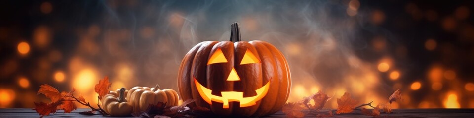 Canvas Print - A carved pumpkin sitting on top of a wooden table