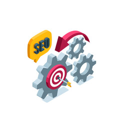 Wall Mural - isometric gears with target and arrow in color on white background, text bubble with word seo, web promotion