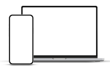 Leinwandbilder - Modern laptop mockup front view and smartphone mockup high quality isolated on white background. Notebook mockup and phone device mockup for ui ux app and website presentation Stock Vector.