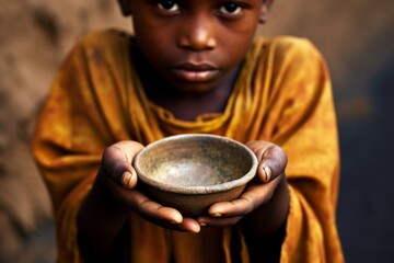 Sticker - empty plate in the hands of a hungry child on blurred background. The concept of hunger and food security of the planet